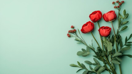 Canvas Print - Red Flowers on a Mint Green Background