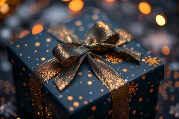 close up photo of an elegant dark blue gift box with a gold ribbon against a festive background, perfect for holiday and celebration themes.