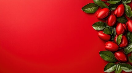 Poster - Red Berries and Green Leaves on Red Background