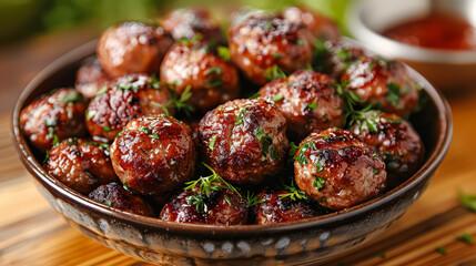 Wall Mural - A bowl of meatballs with a side of vegetables and a sauce.