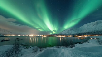 northern lights with the aurora borealis above the town and mountains kiruna abisko