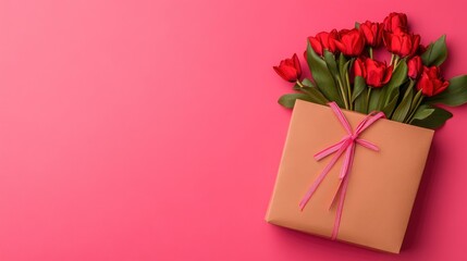 Canvas Print - Gift Box with Red Tulips on Pink Background