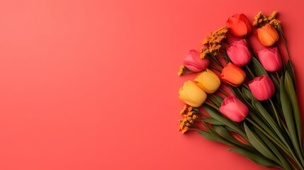 Poster - Colorful Tulips Bouquet on Red Background