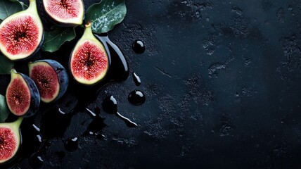 Wall Mural - Fresh figs sliced open, drizzled with balsamic glaze, lying on a dark textured background.