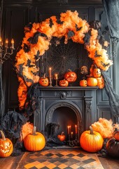 Canvas Print - Spooky halloween porch decorated with pumpkins and cobwebs