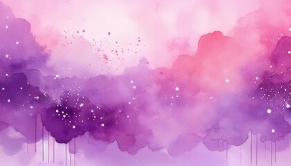 Poster - Dreamy Watercolor Clouds in Soft Pink, Lavender, and Purple Hues with Splashes of Light. Abstract Flowing Design with Artistic Ink Droplets and Gentle Gradients Blending into a Tranquil, Ethereal Sky