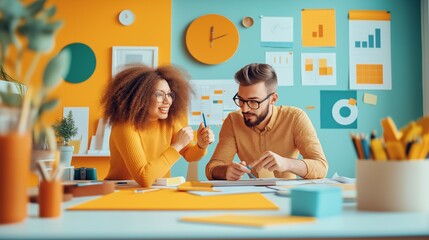 Creative professionals collaborating in a colorful, organized workspace. Team brainstorming and planning project.