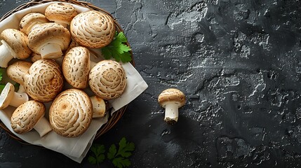 An overhead view of fresh mushrooms arranged on a white napkin, isolated on a textured slate background.