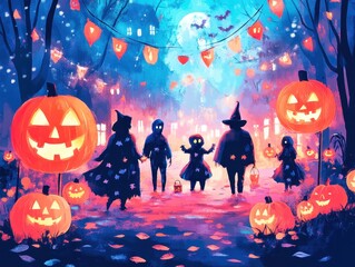 Five young people celebrating halloween carving pumpkins in a luminous interior design