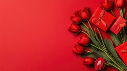 Poster - Red Tulips and Gift Boxes on a Red Background