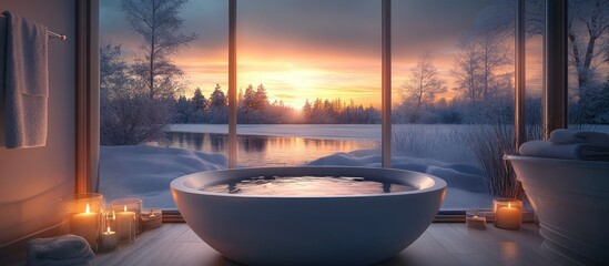 3D rendering of an elegant bathroom featuring a freestanding bathtub and candlelight set against a serene winter landscape at sunset