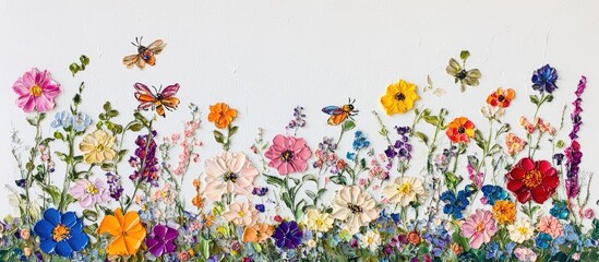 Wall Mural - Oil painting of vibrant delicate flowers and five petaled blooms creating a landing spot for pollinators set against a clean white scrapbook backdrop