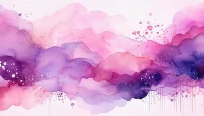 Poster - Dreamy Watercolor Clouds in Soft Pink, Lavender, and Purple Hues with Splashes of Light. Abstract Flowing Design with Artistic Ink Droplets and Gentle Gradients Blending into a Tranquil, Ethereal Sky