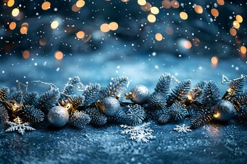 cozy winter wonderland scene featuring a festive blue Christmas background with snowflakes, silver garland, and shimmering lights.