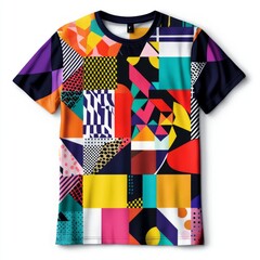 A colorful graphic t-shirt featuring various geometric patterns and vibrant colors.