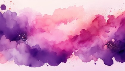 Poster - Dreamy Watercolor Clouds in Soft Pink, Lavender, and Purple Hues with Splashes of Light. Abstract Flowing Design with Artistic Ink Droplets and Gentle Gradients Blending into a Tranquil, Ethereal Sky