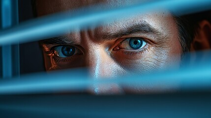 Wall Mural - A man with blue eyes is looking out of a window