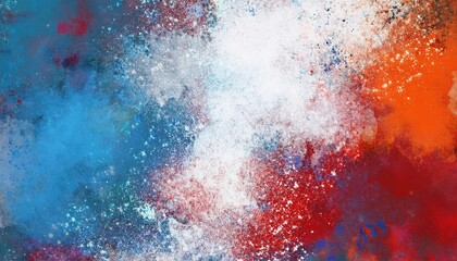 Poster - Vibrant Explosion of Abstract Colors. Dynamic Blend of Blue, Red, and Orange Paint Splatters in Motion Against a Textured White Background, Petriotic Energy, Creativity, and Bold Artistic Expression