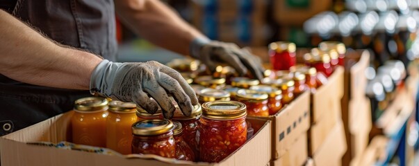 A volunteer wearing gloves carefully places jars of canned food in boxes, preparing items for distribution. Free copy space for text.