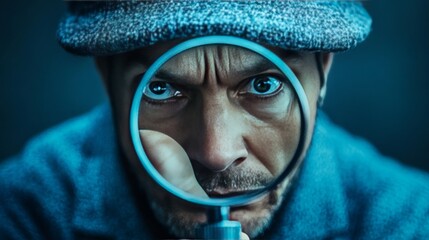 A man is looking into a magnifying glass