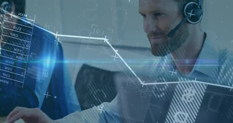 Poster - Animation of financial data processing over caucasian businessman using phone headset and computer