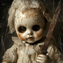 Wall Mural - A creepy vintage doll with cracked skin, a lace veil, and a knife, evoking horror themes.