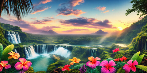 Wall Mural - Waterfall at sunset. Landscape panorama