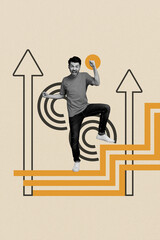 Aufkleber - Vertical collage young energetic man achieve goal success progress improvement arrow rise up inspiration motivation leadership victory