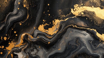 Poster - Abstract Marbled Background Liquid Watercolor Art Black and Gold Ink Stunning Marble Design Creative Marble Aesthetic Gold and Black Marble Effect Elegant Mottled Print