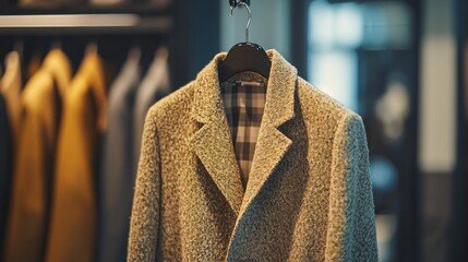 Wall Mural - A fashionable wool coat with a modern cut, hanging on a vintage hanger in a boutique shop, with soft lighting highlighting its texture