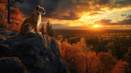 Wall Mural - Lynx on a Clifftop at Sunset with Forest Below