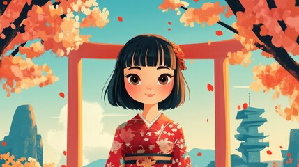 Poster - 2D cartoon illustration of a Japanese girl in a playful style