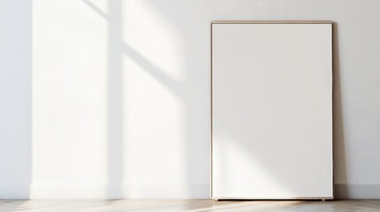 Aufkleber - Modern Minimalistic Office Interior with Bright White Concrete Wall, Wooden Floor, and Sunlit Window Shadows