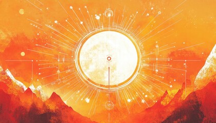 Wall Mural - Fantasy illustration featuring a zodiac sign at the center against an orange backdrop accompanied by celestial elements representing Sagittarius