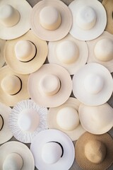 Poster - Aerial View of Symmetrical Beige Sun Hats Creating Geometric Pattern on Textured Background