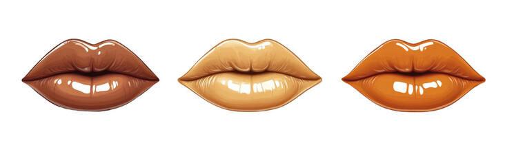 Glossy lips in various shades of brown, beige, and orange showcase vibrant and stylish look. These lip designs highlight beauty and diversity in cosmetic choices. 