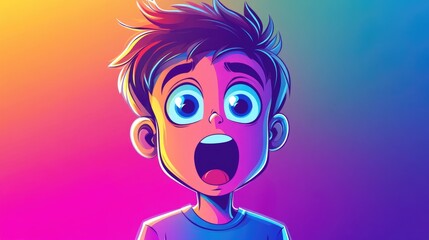 Wall Mural - Colorful gradient line illustration of a cartoon boy expressing amazement