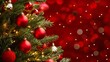 © Ashek Illustration - The Christmas tree is decorated with balls, a garland and a golden star. Beautiful shining christmas tree with decorations - balls, garlands. Christmas red background celebartion
