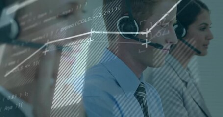 Poster - Animation of financial data processing over diverse colleagues using phone headsets and computers