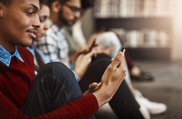 Poster - Relax, man or students with mobile app on floor for social media, learning or studying break. University, chill or people texting on a phone for reading news or online registration at college campus