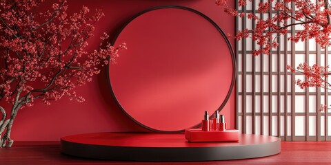 Aufkleber - Geometric podium display for cosmetic products in a red Japanese style 3D rendering