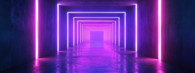 Fototapete - Purple Blue Neon Laser Retro Modern Sci Fi Futuristic Spaceship Cyber Virtual Hallway Tunnel Corridor Dark Club Stage Podium Concrete Grunge 3D Rendering Illustration