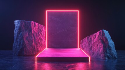 Leinwandbilder - Abstract neon background featuring illuminated geometric shapes natural stone elements and a 3D podium render An empty showcase platform designed for presentations and advertising of technology pr