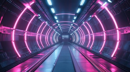 Canvas Print - Neon lit metal tunnel 3D rendering