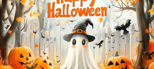 Wall Mural - Cute ghost wearing witch hat celebrating halloween with pumpkins and bats