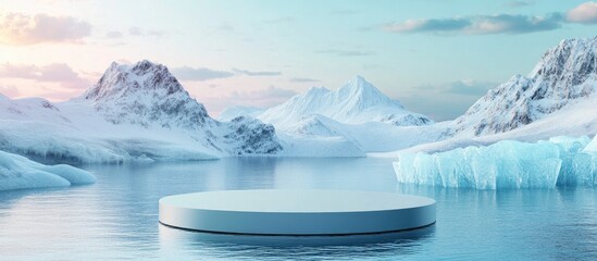 Poster - Stylish 3D Render of Podium on Water with Scenic Ocean and Ice Mountain Background for Cosmetic Product Presentation