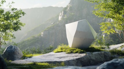 Poster - Minimalistic 3D rendering of a geometric shape in a natural green setting Illustration