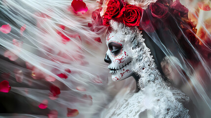 Wall Mural - Sugar Skull Bride's Blurry Dance: Catrina Celebrates Life and Ancestors with a Flourish of Her Lace Veil, Leaving a Trail of Rose Petals, Generative AI 