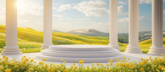 Poster - Exhibition booth featuring a podium designed as classic Greek Ionic columns set against a backdrop of grassy hills and yellow flowers 3D rendered illustration for promoting goods and products