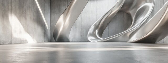 Poster - Abstract modern showroom design featuring silver metallic elements and a concrete floor Empty futuristic background in 3D rendering